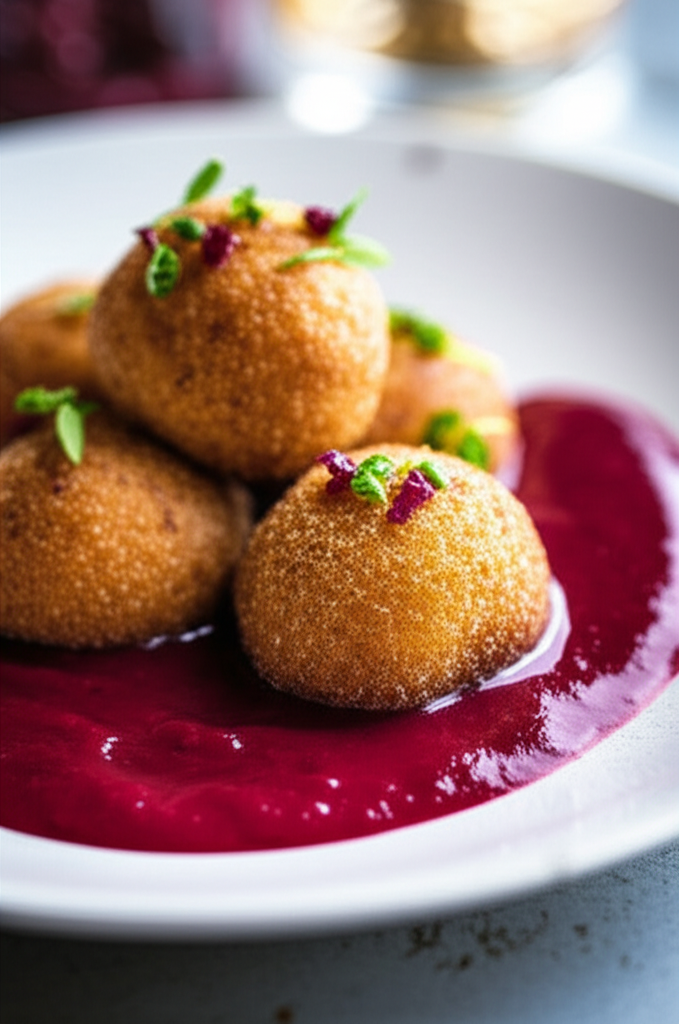 Fried golden balls drizzled with red sauce, garnished with green herbs and red sprinkles on a white plate.