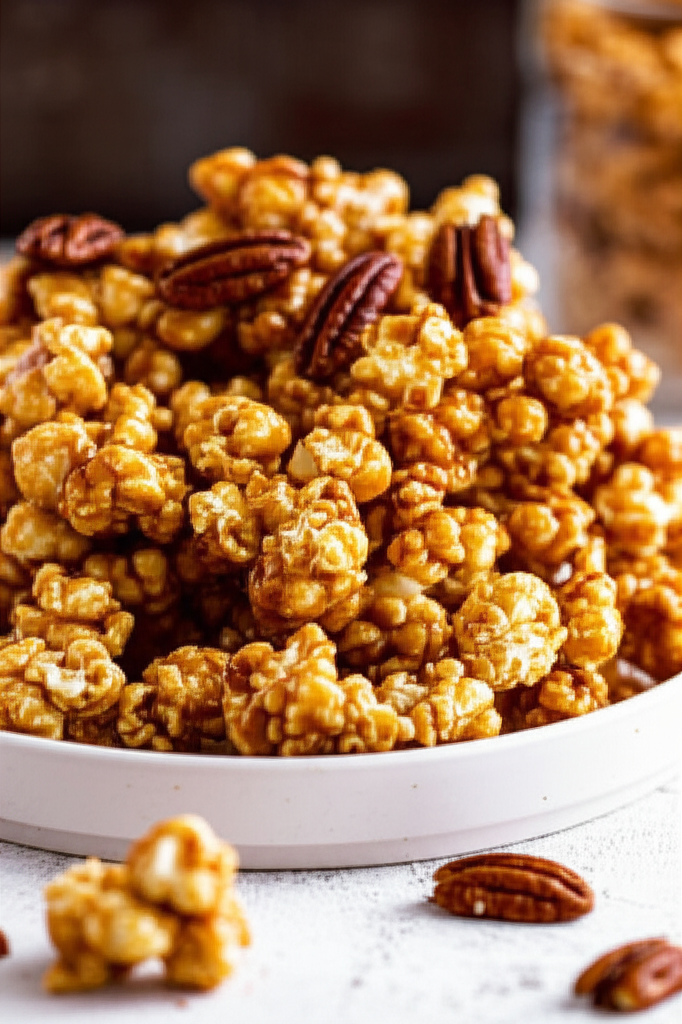 Caramel corn with pecans in a white bowl. The popcorn is coated in a shiny, golden-brown caramel.