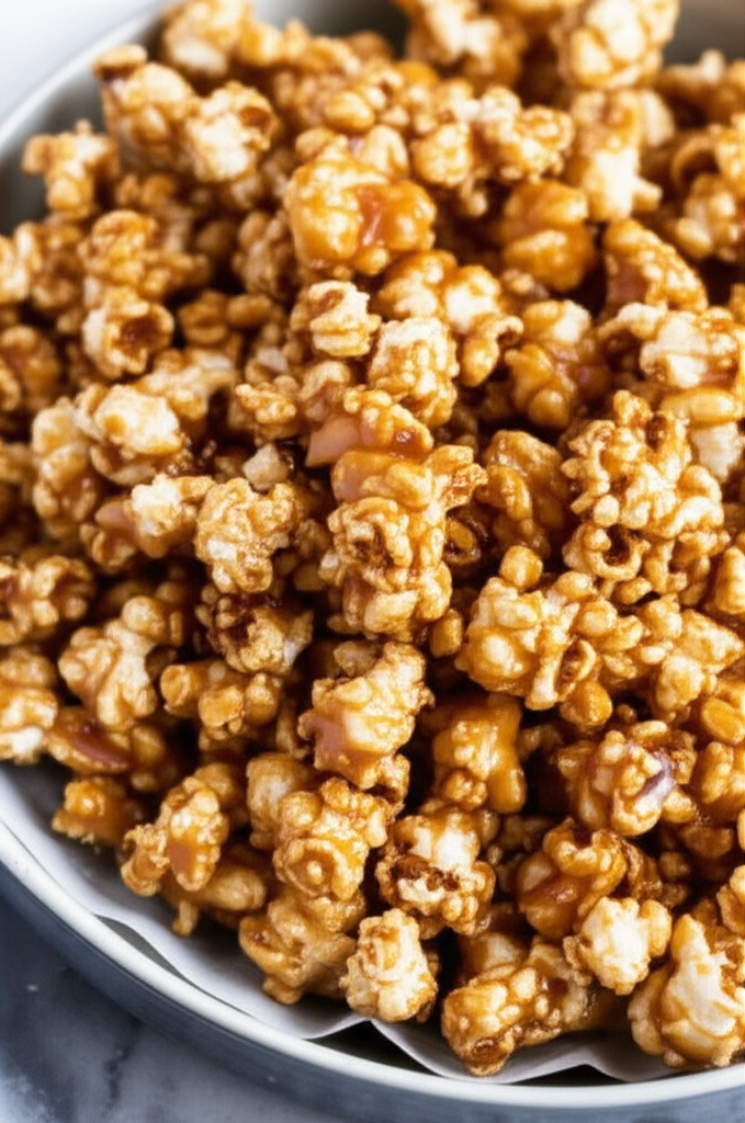 Caramel corn in a bowl, coated in shiny, golden-brown caramel.