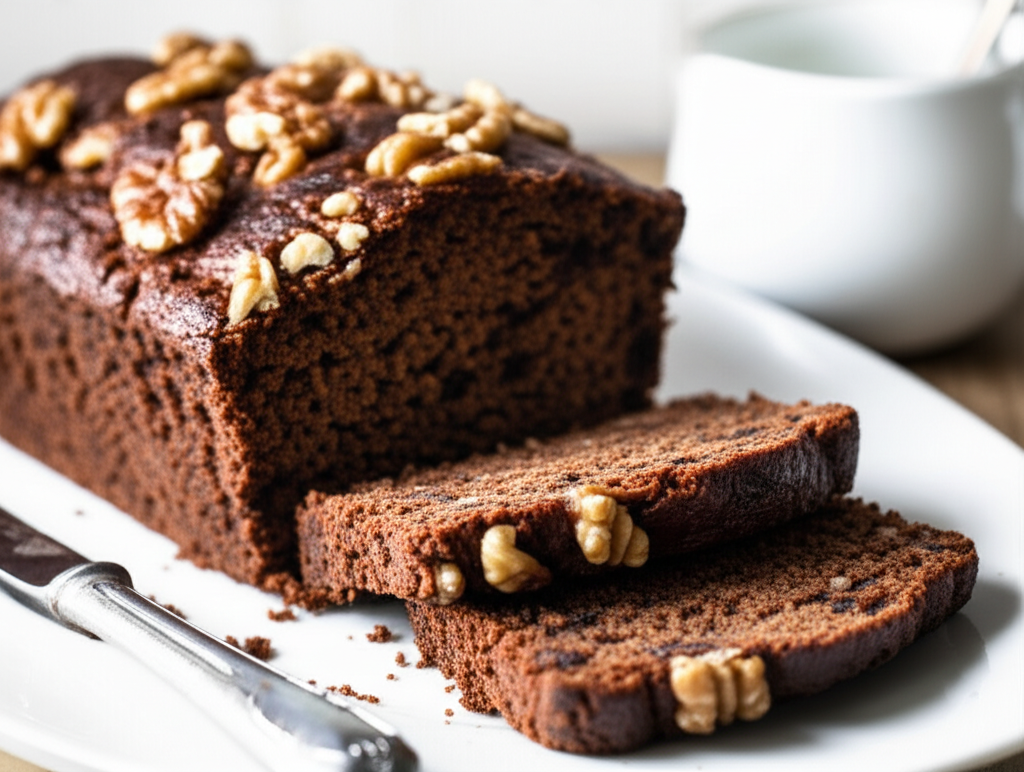 Dark date nut bread loaf, sliced, topped with walnuts on a white plate with a knife.