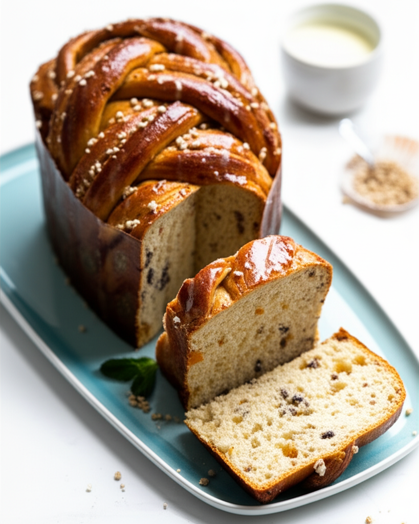 Braided wheat germ panettone with candied fruit and chocolate chips, sliced on a blue plate.
