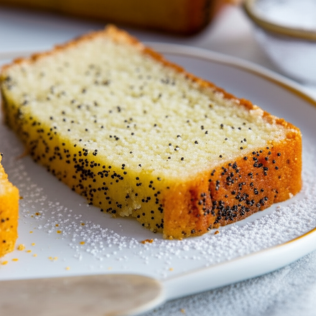 Slice of lemon poppy seed bread on a plate, dusted with powdered sugar. Golden crust, light yellow crumb.