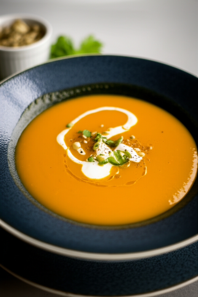 Smooth, bright orange squash soup in a blue bowl, swirled with cream and garnished with herbs.