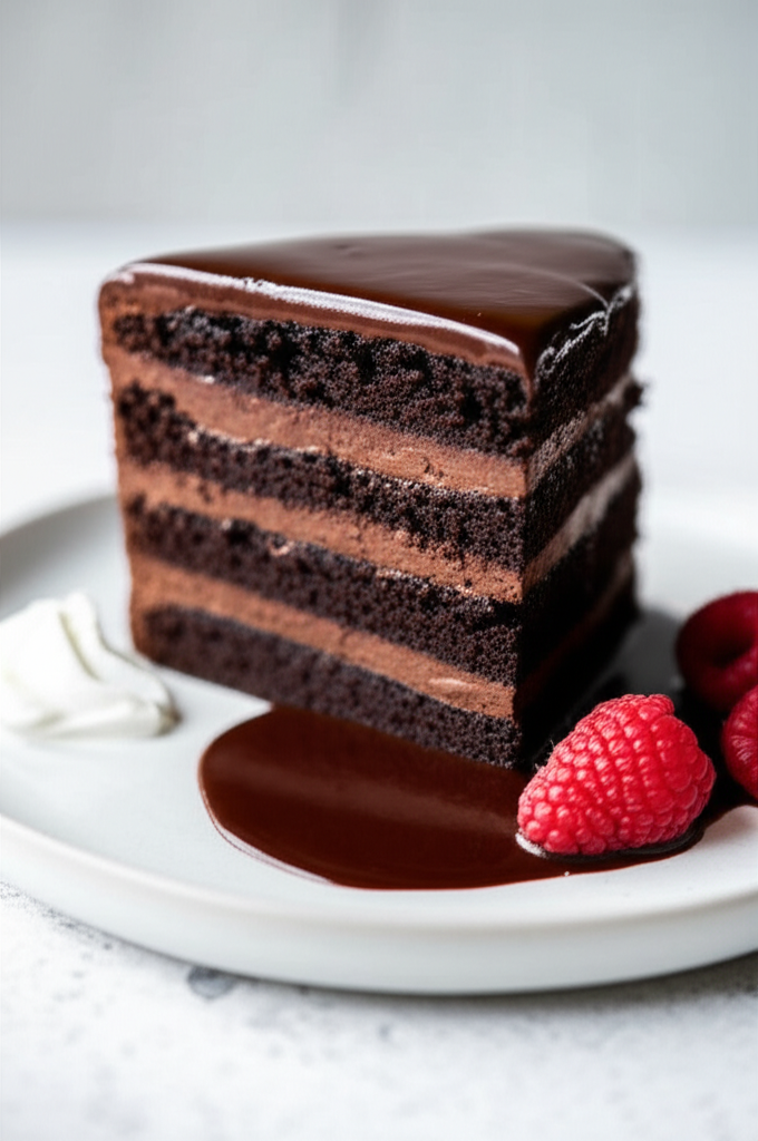 Slice of layered chocolate cake with ganache, chocolate sauce, raspberries, and whipped cream on a white plate.