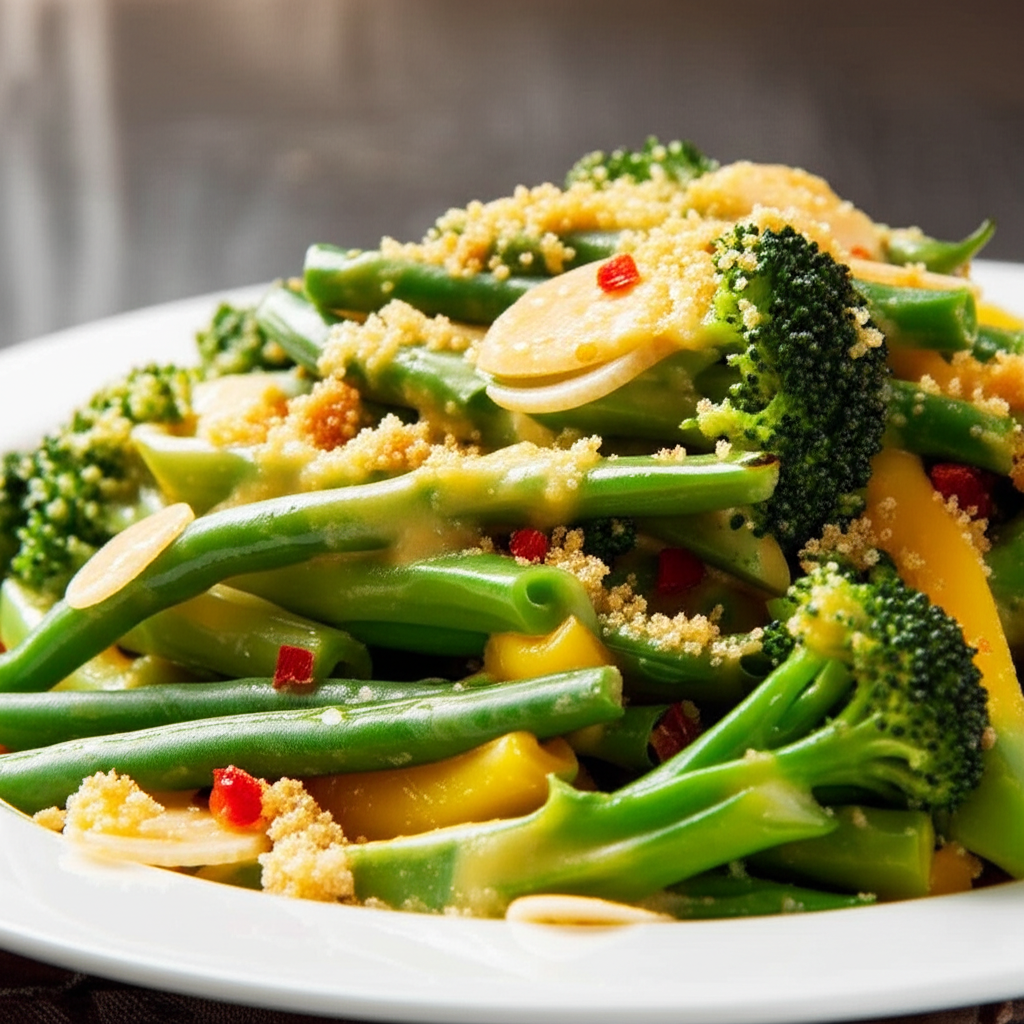 Steamed green beans and broccoli with yellow peppers, topped with sauce and breadcrumbs on a white plate.