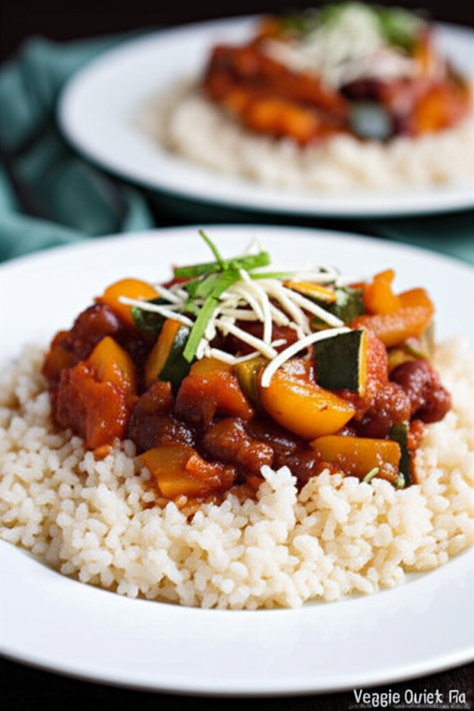 Rice bowl topped with vegetable stew, garnished with shredded cheese and chives.