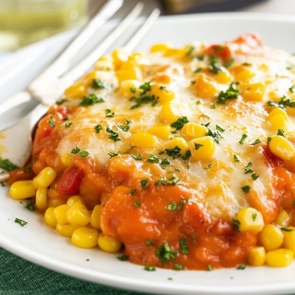 Vegetables au gratin on a white plate. Corn, tomatoes, and melted cheese, garnished with parsley.