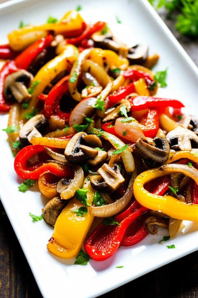 Roasted red and yellow peppers, onions, and mushrooms on a white plate, garnished with parsley.