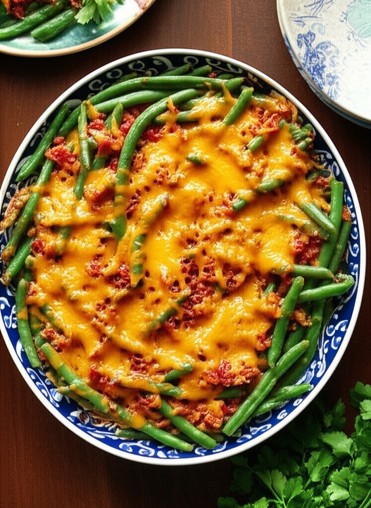 Green bean casserole with melted cheddar cheese in a blue and white patterned dish.