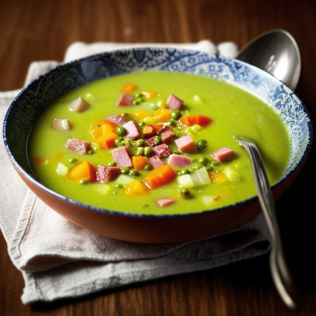 Green split pea soup in a patterned bowl, topped with diced ham, carrots, and peas.