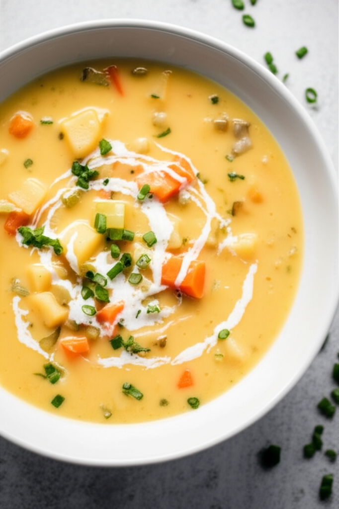 Creamy potato soup in a white bowl, garnished with swirl of cream and chopped chives.
