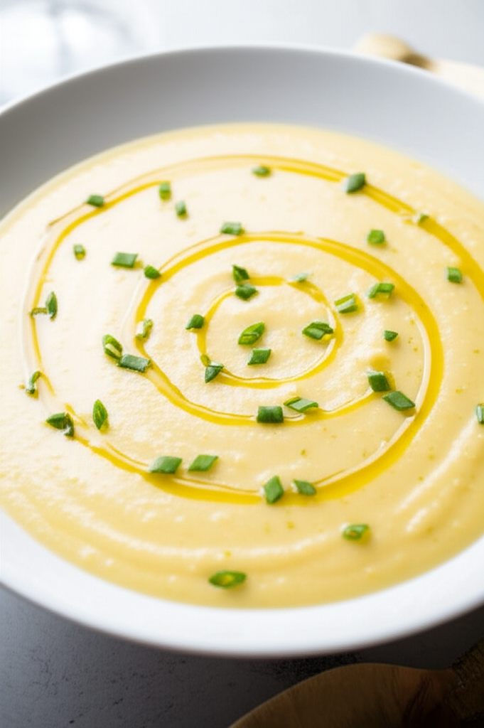 Creamy potato-leek soup in a white bowl, drizzled with olive oil and chopped chives.