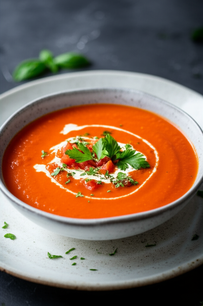 Creamy tomato soup in a bowl, garnished with cream swirl, parsley, and diced tomatoes.