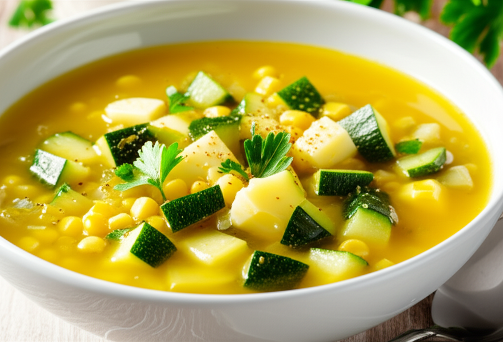 Mexican zucchini soup in a white bowl, garnished with parsley. Contains corn and potato.