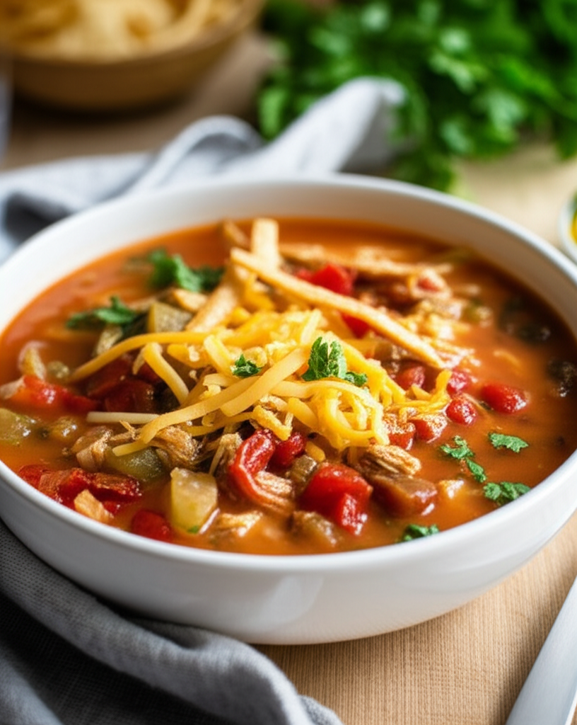 Southwest soup in white bowl, topped with shredded cheese, tortilla strips, and cilantro.