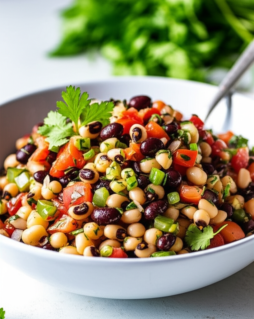 Texas Caviar salad in a white bowl. Black-eyed peas, tomatoes, green onions, and cilantro are visible.