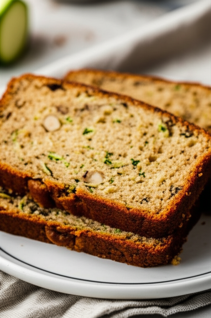 Slices of baked zucchini bread with nuts on a white plate.
