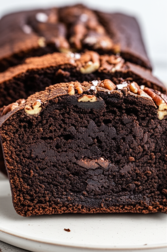 Sliced chocolate loaf cake, dusted with cocoa powder and topped with pecans.