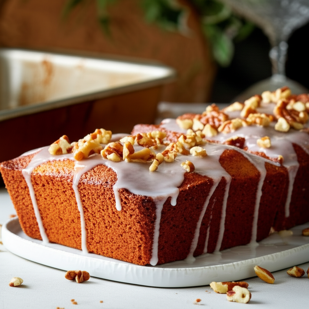 Two loaves of Helen's Sherry Bread with white glaze and chopped walnuts on a white plate.