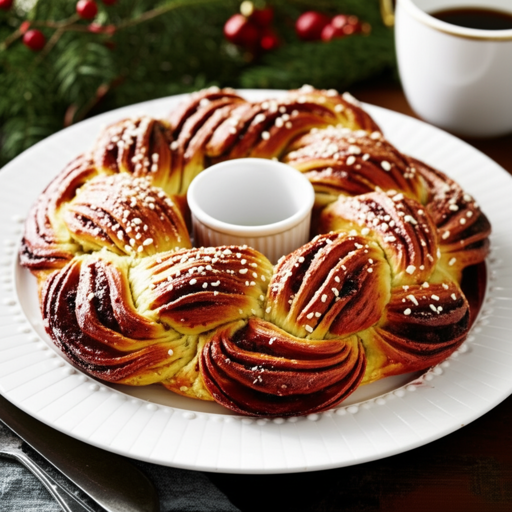 Braided cardamom bread wreath on a white plate, sprinkled with sugar, with a small white bowl in the center.