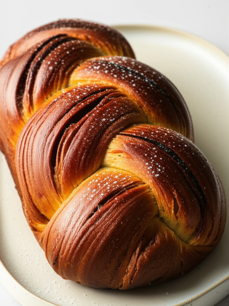 Braided Nisu bread, golden brown and dusted with powdered sugar, on a white plate.