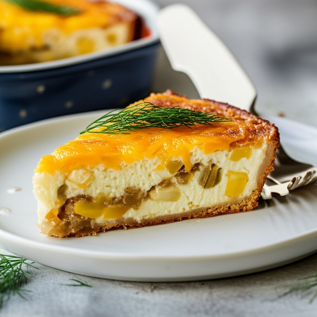 Slice of onion shortcake on a plate, topped with melted cheese and dill.