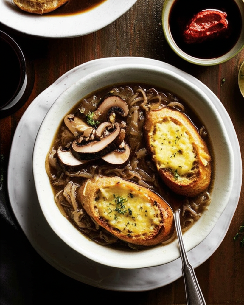 Vegetarian French onion soup with melted cheese croutons and sliced mushrooms in a white bowl.