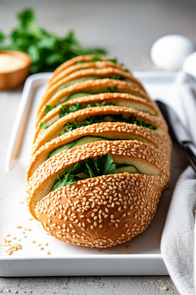 Sesame-crusted French bread loaf, sliced and filled with cucumber and herbs, on a white serving platter.