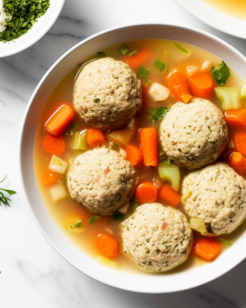 Chicken soup with large matzo balls, carrots, and celery in a white bowl.