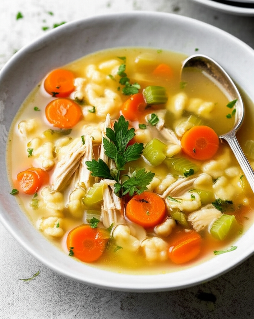 Chicken soup with rivels in a bowl, featuring carrots, celery, parsley, and shredded chicken.