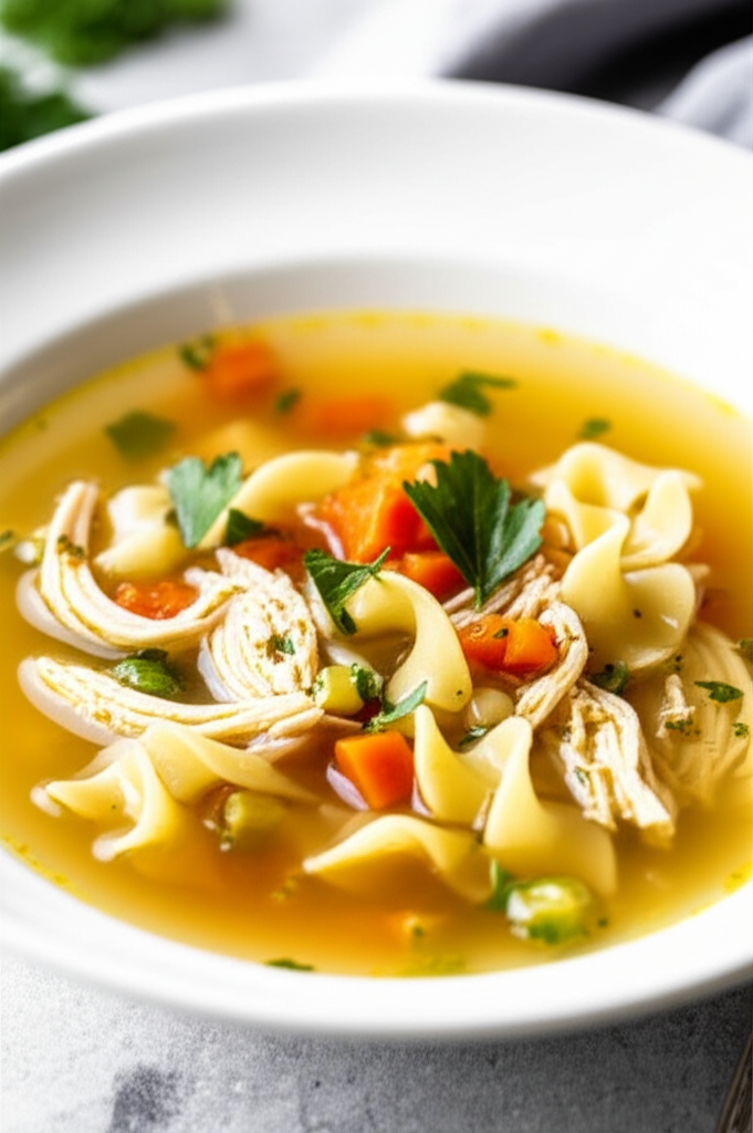Chicken noodle soup in a white bowl, with egg noodles, carrots, and parsley in a clear broth.