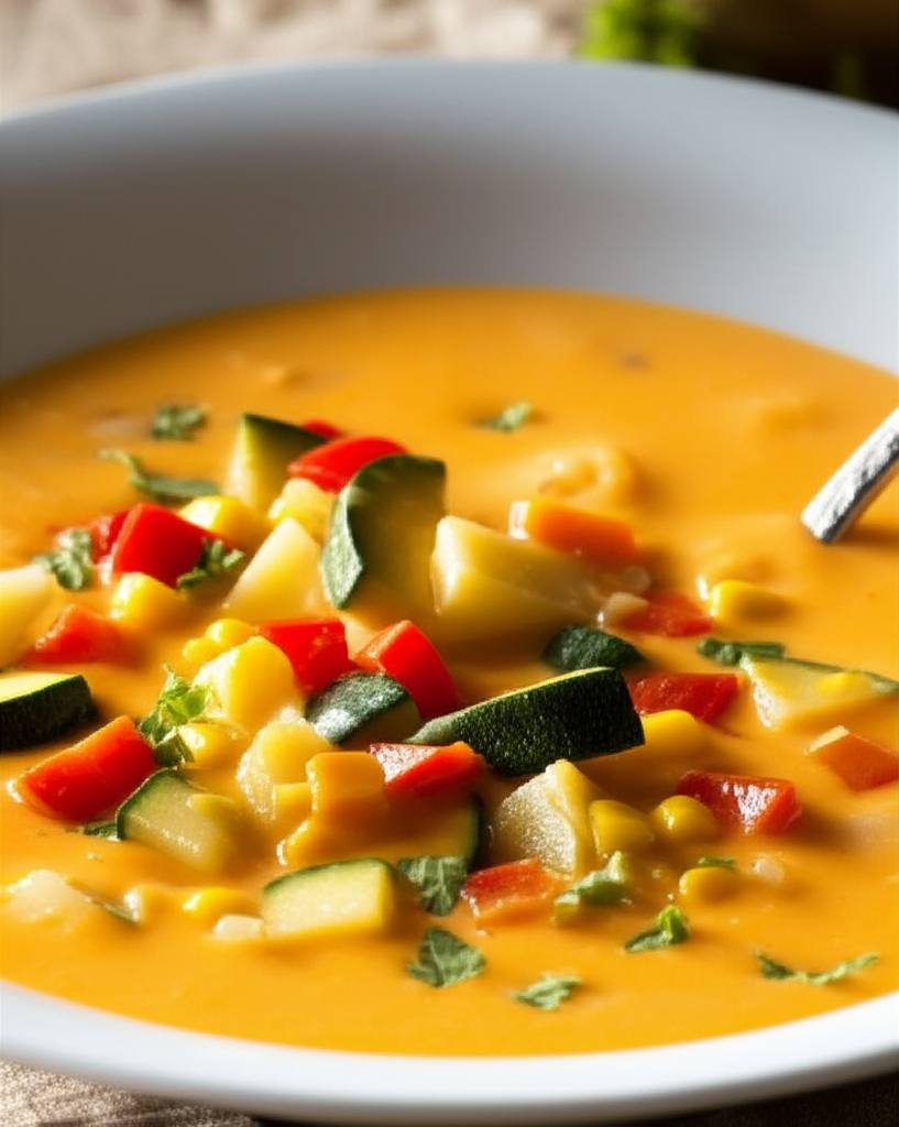 Creamy cheddar soup with zucchini, corn, and red bell peppers in a white bowl, garnished with herbs.