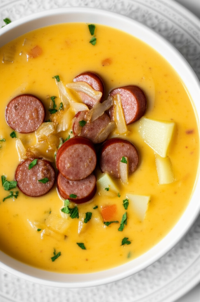Creamy cheese soup with sliced smoked sausage, potatoes, carrots, and sauteed onions in a white bowl, garnished with parsley.