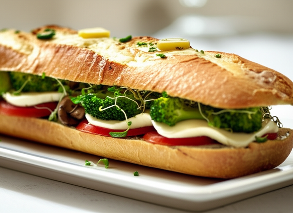 Stuffed baguette on a plate. Filling includes broccoli, tomato, mozzarella, and sprouts. Topped with butter.