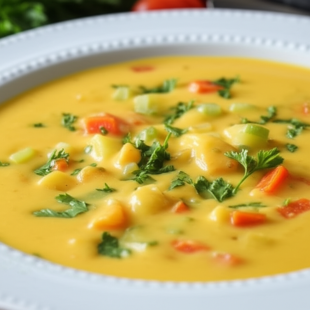 Creamy yellow vegetable cheese soup in a white bowl, garnished with fresh parsley.