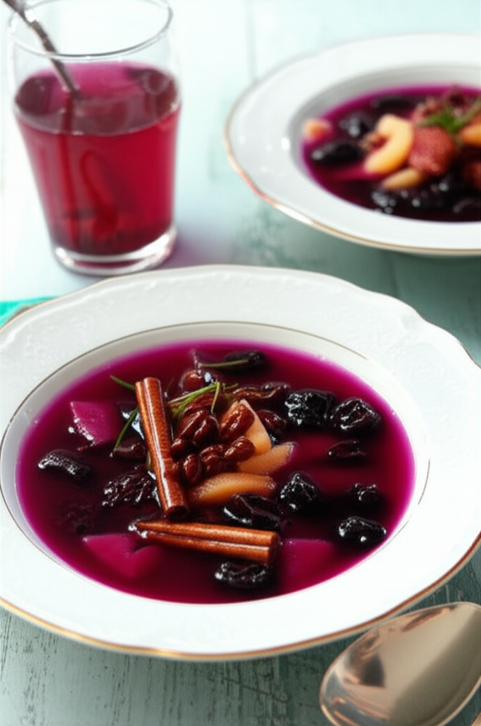 Deep red fruit soup with plums, pears, and cinnamon sticks in a white bowl. Glass of soup behind.