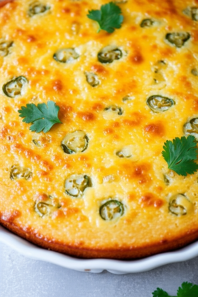 Golden cornbread baked in a white dish, topped with sliced jalapeños and cilantro.
