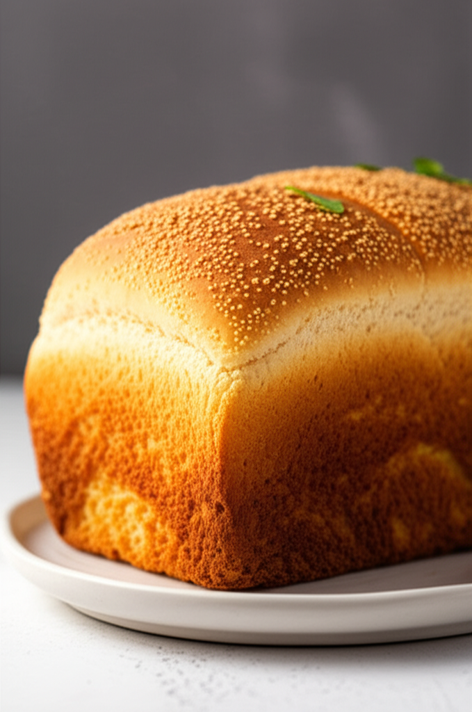 Loaf of golden-brown baked bread on a plate, topped with small seeds and a few green herbs.