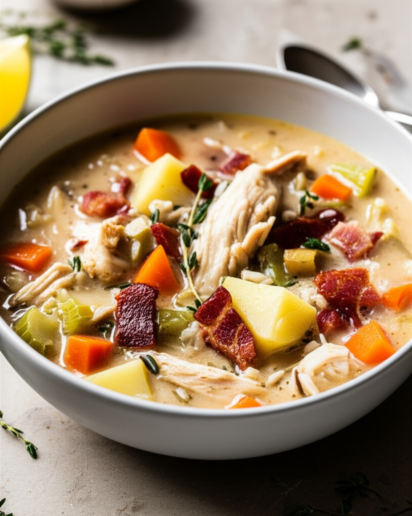 Creamy chowder in a white bowl with roasted chicken, wild rice, carrots, potatoes, celery, and bacon.