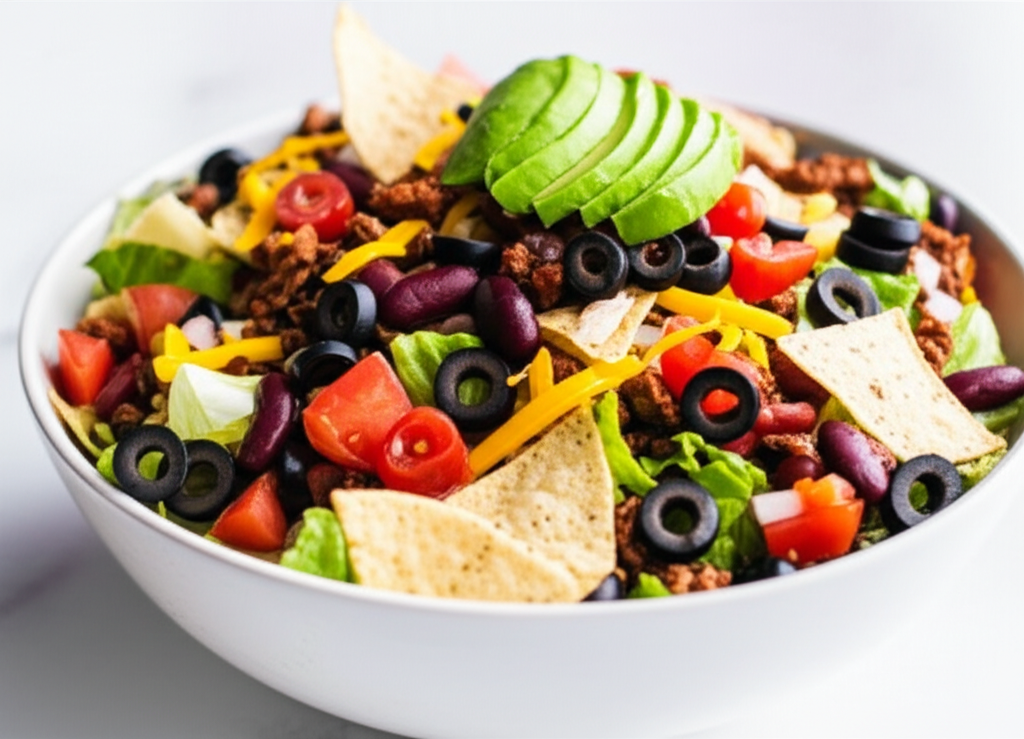 Taco salad in white bowl: ground beef, lettuce, tomatoes, black olives, kidney beans, cheese, tortilla chips, and sliced avocado.