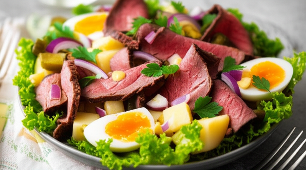 Sliced roast beef salad with boiled eggs, potatoes, red onion, pickles, and lettuce.