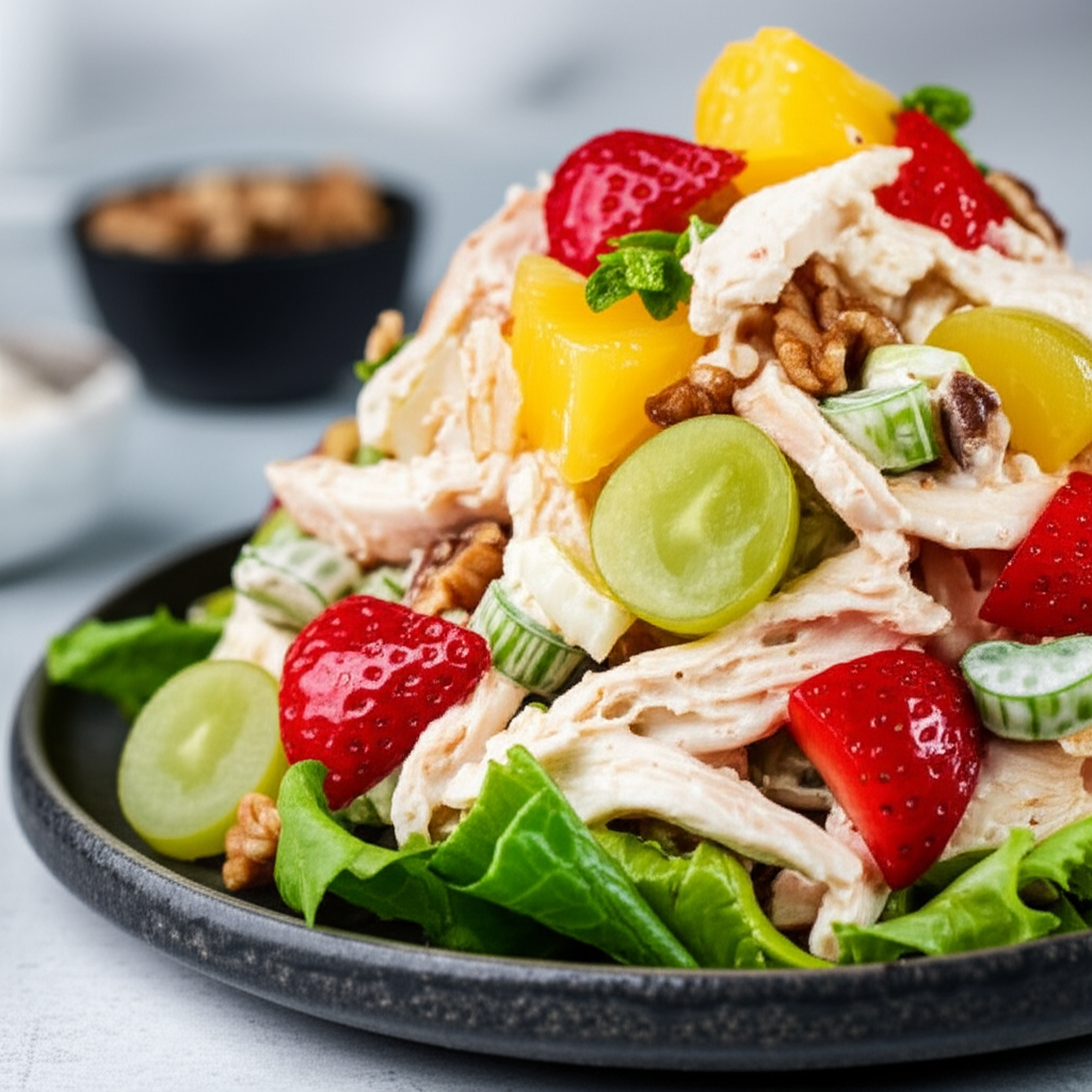 Creamy chicken salad with strawberries, grapes, pineapple, celery, and walnuts on lettuce, served on a dark plate.