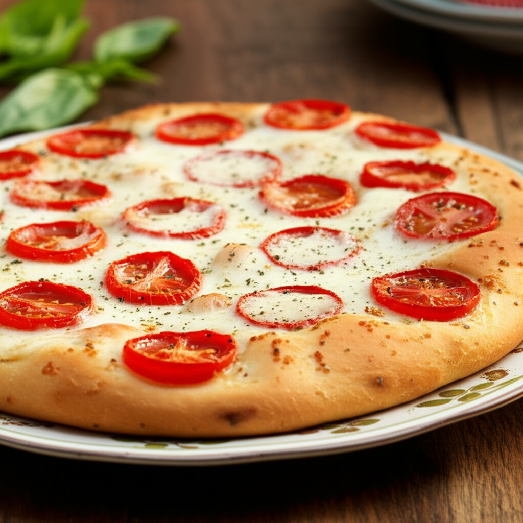 Focaccia bread topped with sliced tomatoes and melted cheese, served on a patterned plate.