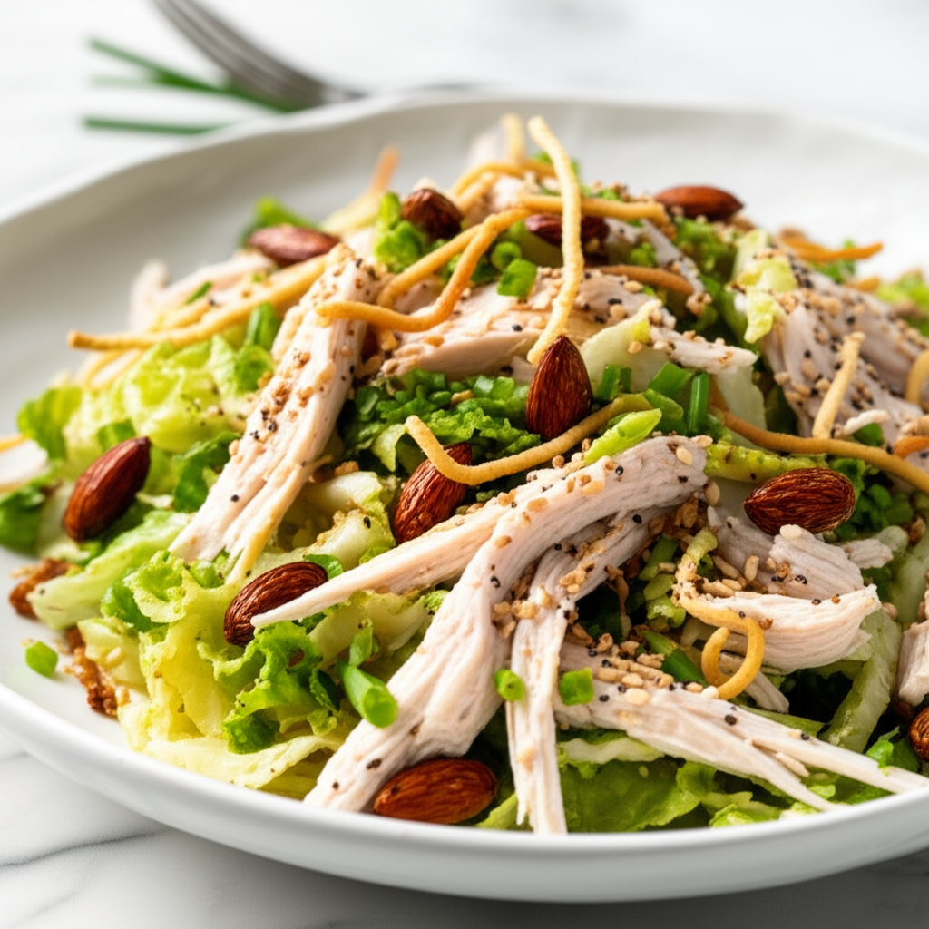 Chicken salad on lettuce with almonds, crispy noodles, and sesame seeds, served in a white bowl.