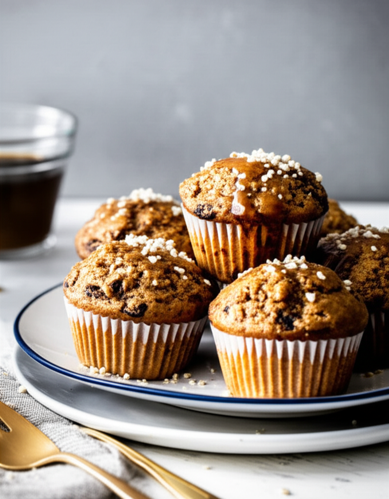 Pile of honey-glazed bran muffins in paper liners, topped with white sprinkles, on a blue-rimmed plate.