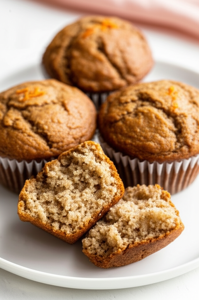 Four baked orange bran muffins on a white plate, one muffin broken open to show texture.