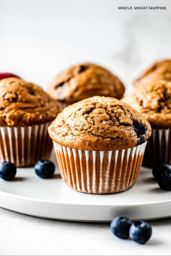 Whole wheat muffins in paper liners on a white plate, scattered with fresh blueberries.
