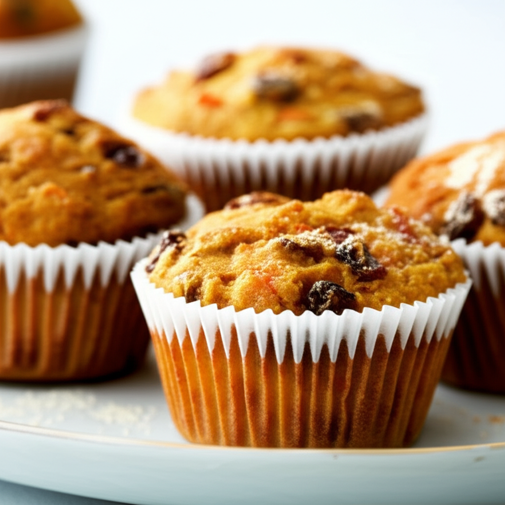 Baked carrot raisin muffins in white paper liners on a plate.
