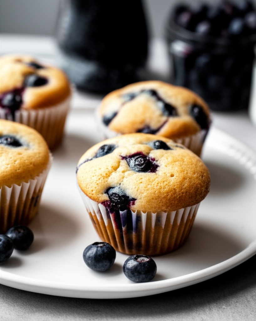 Baked blueberry muffins in paper liners on a white plate, with loose blueberries.