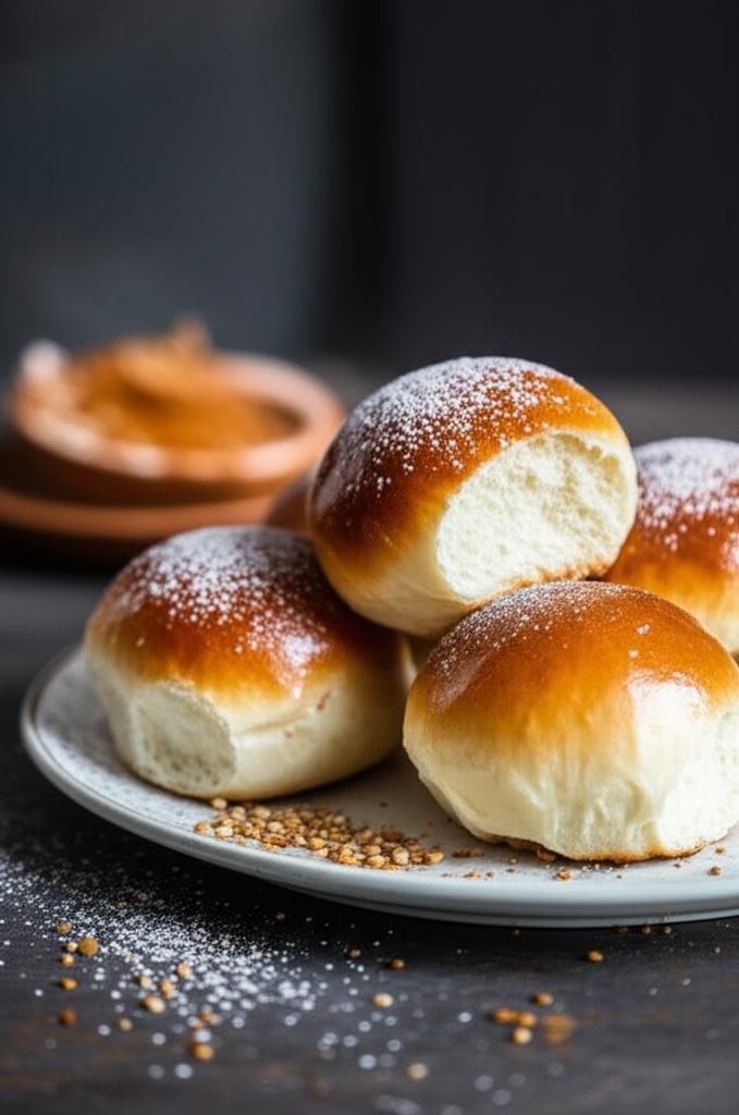 Shiny, golden-brown baked buns dusted with powdered sugar on a plate. One bun has a bite taken out.